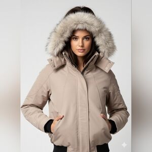 Women's Beige Hooded Ski Jacket with Faux Fur Trim